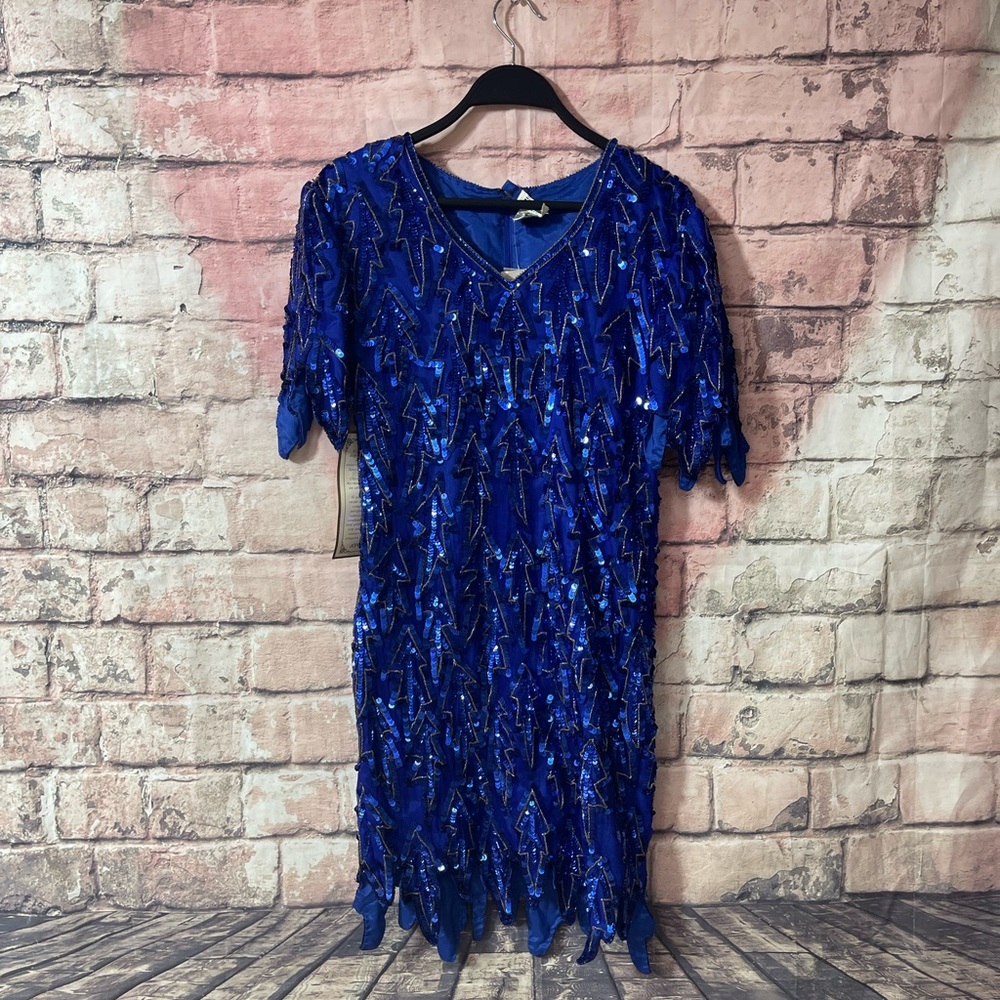 Vintage Mark & John Gopal Blue Silk Bead Sequin Formal Evening Dress Size Small